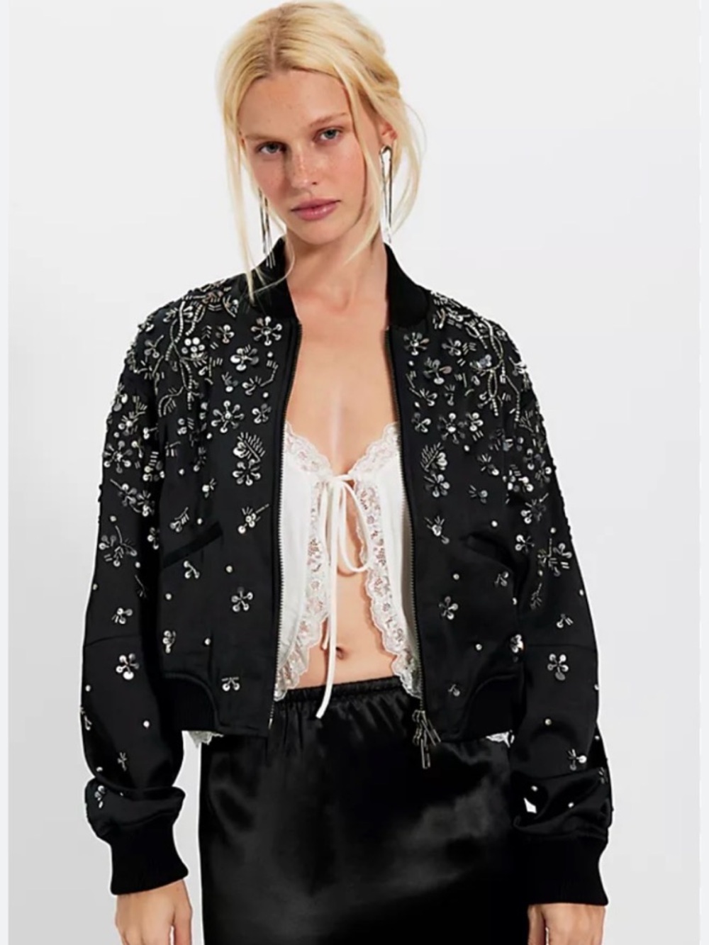 Free People Black Embellished Stassi Bomber Jacket S
